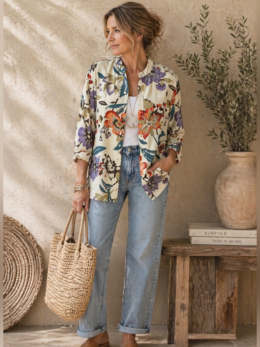 Coldwater Creek Floral Button Front Shirt Jacket Shacket XL Cream Multi